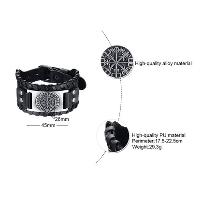 Viking Leder-Wickelarmband für Herren – Rock-Punk-Stil mit Kompass-Anhänger, verstellbare Länge, stylischer Armschmuck