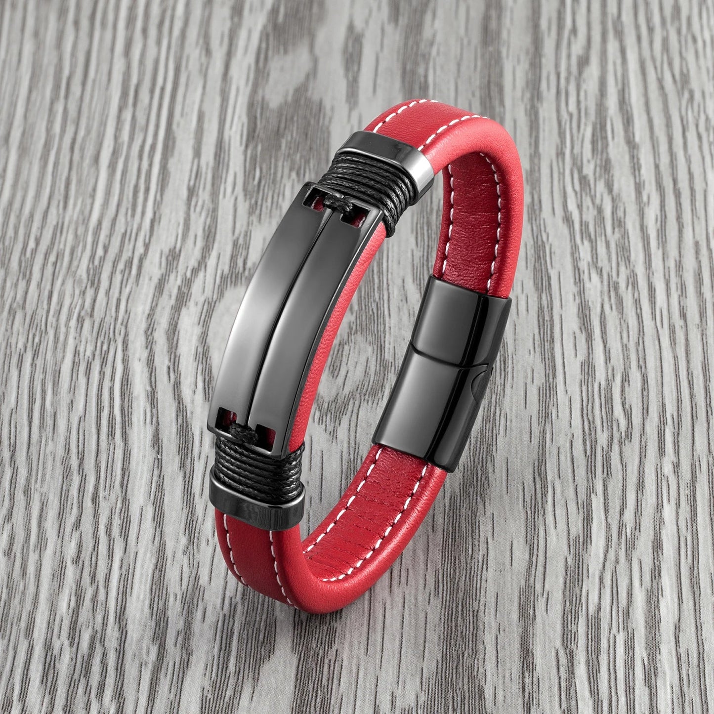Caesarea Punk Double Row Bracelet – Smooth Multicolor Stainless Steel & Wide Leather