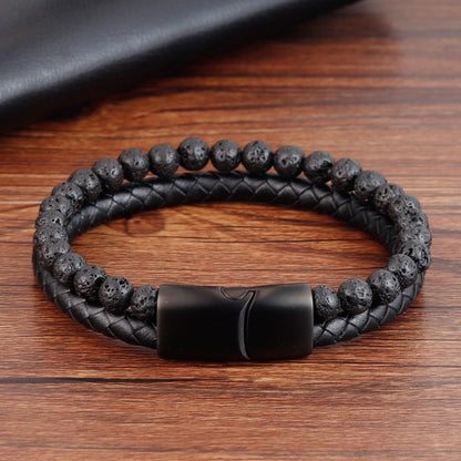 Outrigger Punk Leder- und Steinarmband für Herren – Mehrlagige Perlen mit magnetischem Edelstahlverschluss
