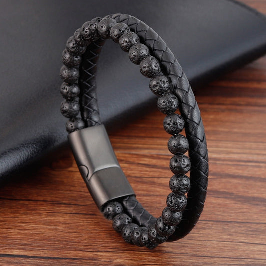 Outrigger Punk Leder- und Steinarmband für Herren – Mehrlagige Perlen mit magnetischem Edelstahlverschluss
