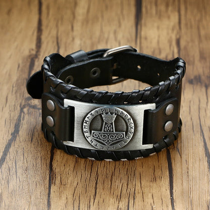 Viking Leder-Wickelarmband für Herren – Rock-Punk-Stil mit Kompass-Anhänger, verstellbare Länge, stylischer Armschmuck