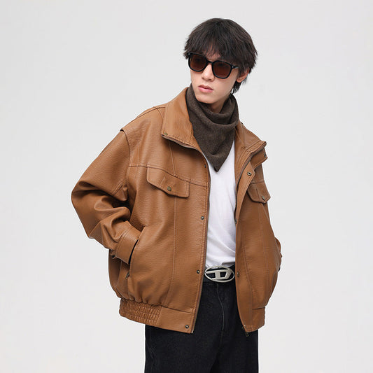 Herren Leder-Bomberjacke mit Oversized-Passform und Brusttaschen