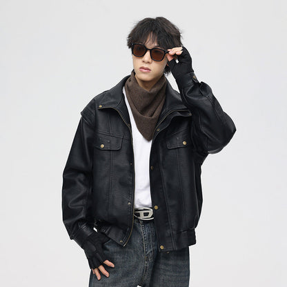 Herren Leder-Bomberjacke mit Oversized-Passform und Brusttaschen