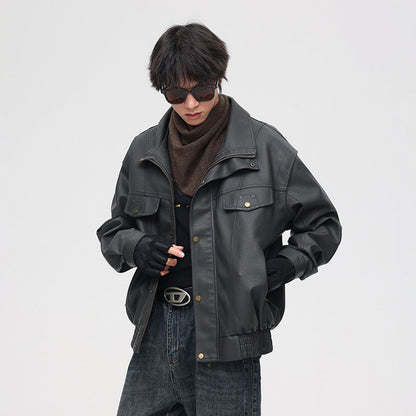 Herren Leder-Bomberjacke mit Oversized-Passform und Brusttaschen