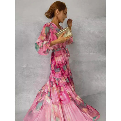 Trinity - Falten V-Ausschnitt Boho Maxikleid