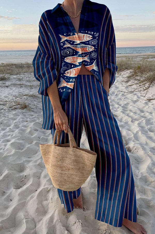 Zairine | Elegantes Leinen-Set mit blauem Koi-Druck