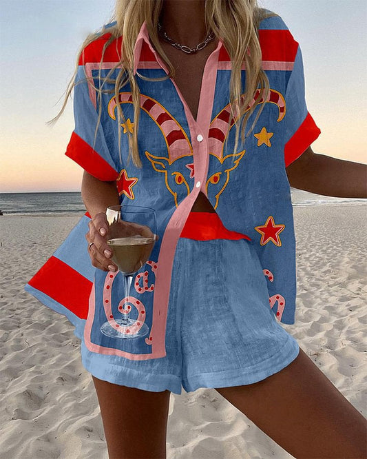 Jorelle | Kurzes Leinen-Outfit mit Ziegenmuster