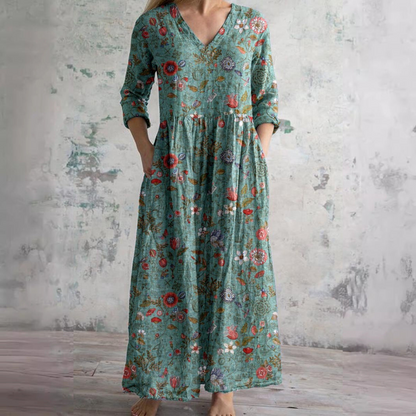 Elfenbein - Florales Boho Maxikleid