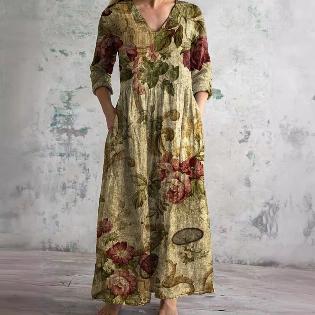 Elfenbein - Florales Boho Maxikleid