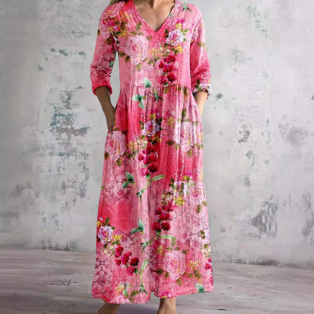 Elfenbein - Florales Boho Maxikleid