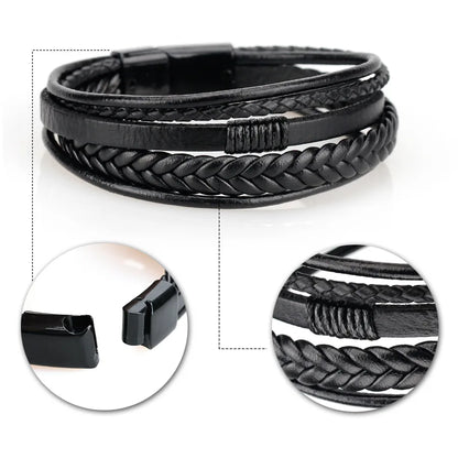 Nemausus Trendy Leather Bracelet for Men – Stainless Steel Multilayer Braided Rope