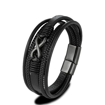 Eterna Braided Leather Bracelet – Multilayer Woven Design with Black Stainless Steel, Classic Infinity Style for Men