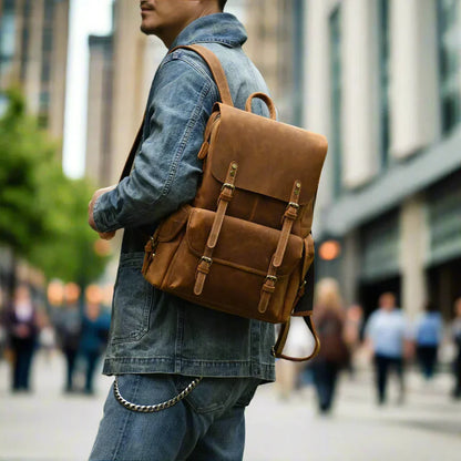 Robuster Echtleder-Reiserucksack | Brauner großer Tagesrucksack