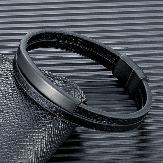 NoirBound Leather Bracelet – Double Strand Handmade Design with Matte Black Stainless Steel Clasp, Sleek and Minimalist Style for Men