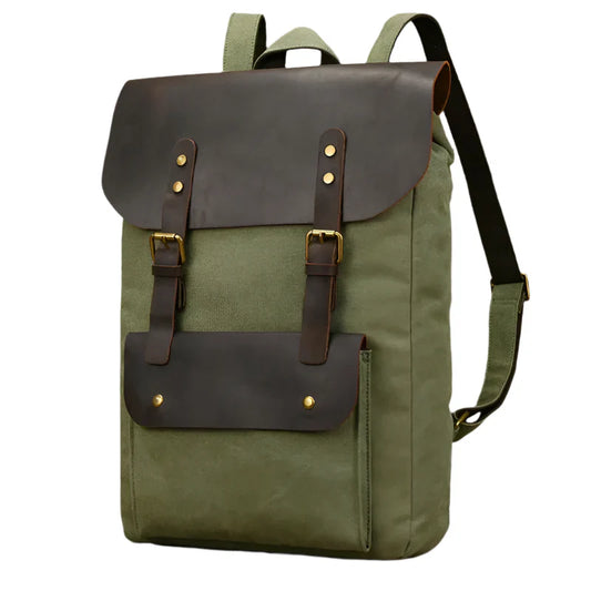 Echter Leder- und Canvas-Rucksack | Vintage College Laptop-Rucksack
