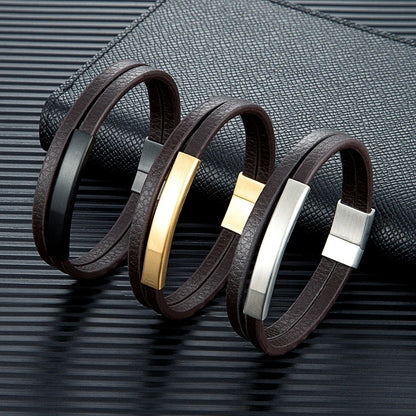 NoirBound Leather Bracelet – Double Strand Handmade Design with Matte Black Stainless Steel Clasp, Sleek and Minimalist Style for Men