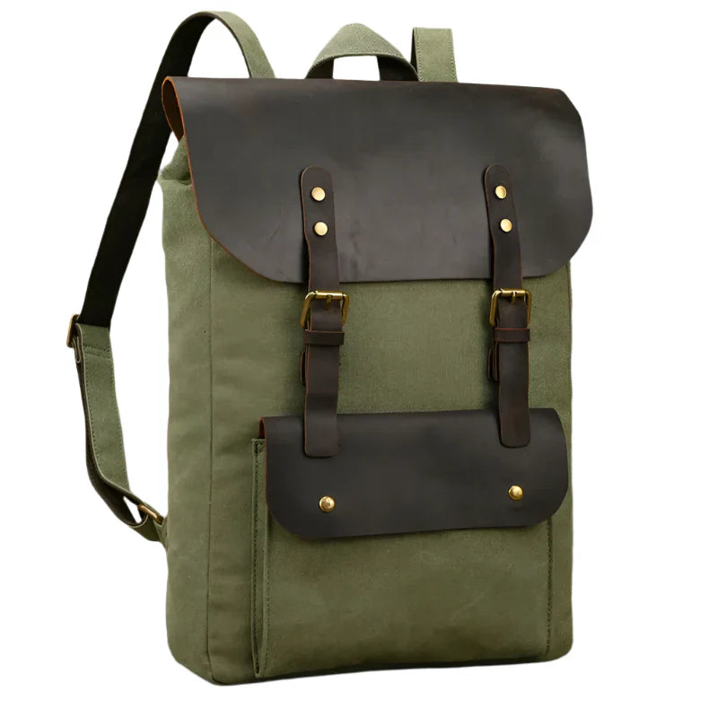 Echter Leder- und Canvas-Rucksack | Vintage College Laptop-Rucksack