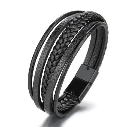 Nemausus Trendy Leather Bracelet for Men – Stainless Steel Multilayer Braided Rope