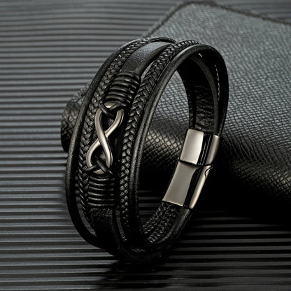 Eterna Braided Leather Bracelet – Multilayer Woven Design with Black Stainless Steel, Classic Infinity Style for Men