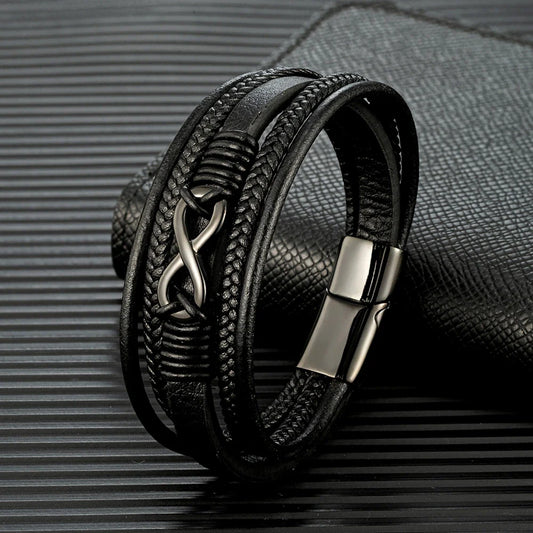 Eterna Braided Leather Bracelet – Multilayer Woven Design with Black Stainless Steel, Classic Infinity Style for Men
