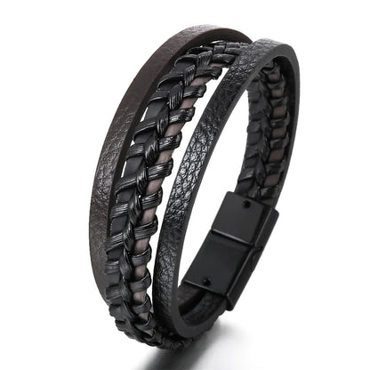 Nemausus Trendy Leather Bracelet for Men – Stainless Steel Multilayer Braided Rope