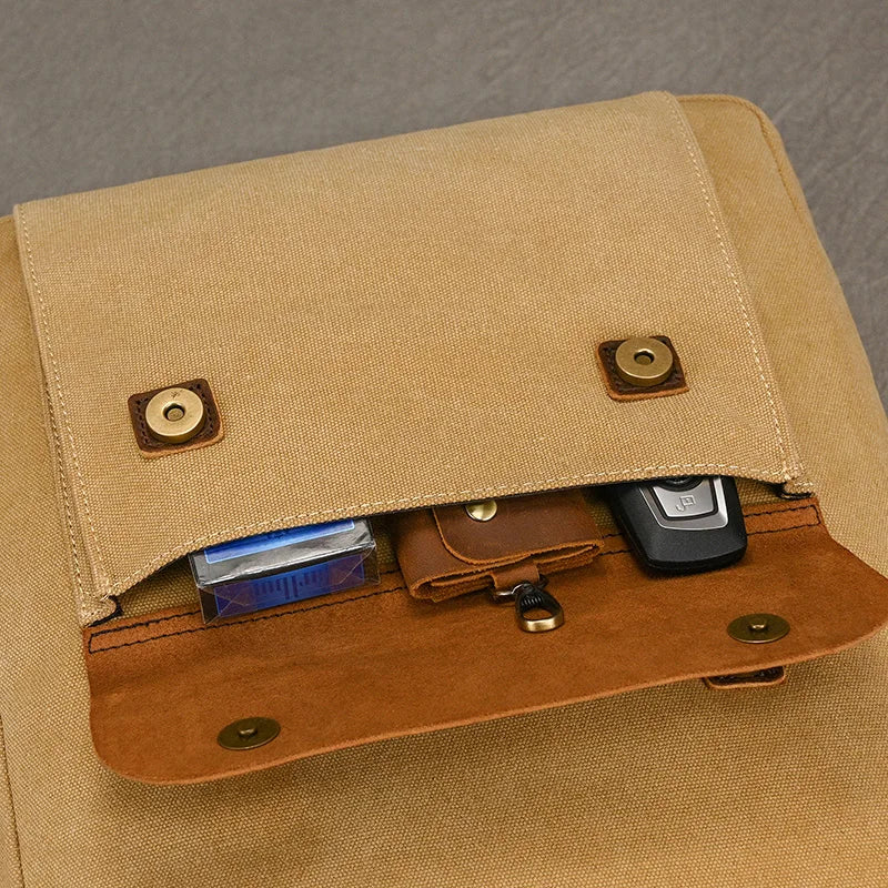 Echter Leder- und Canvas-Rucksack | Vintage College Laptop-Rucksack