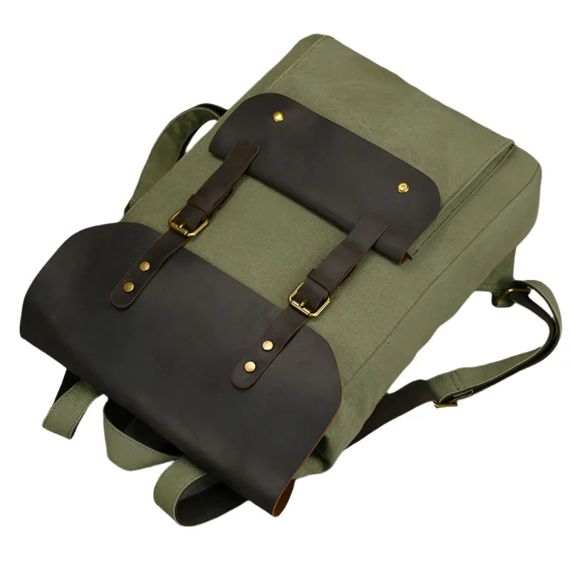 Echter Leder- und Canvas-Rucksack | Vintage College Laptop-Rucksack
