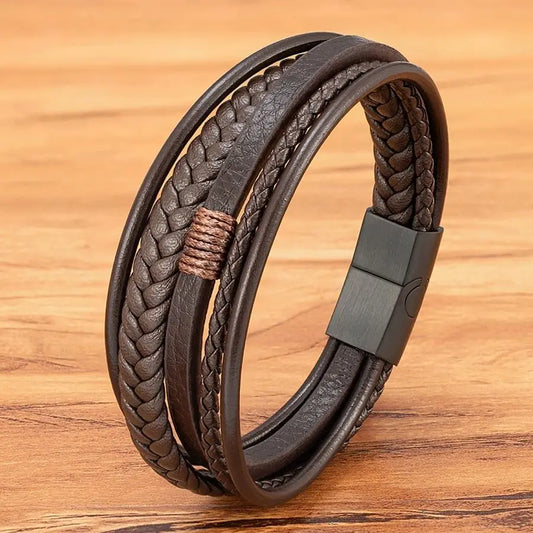 Casilinum Woven Leather Bracelet – Luxury Multilayer Magnetic Bangle for Men