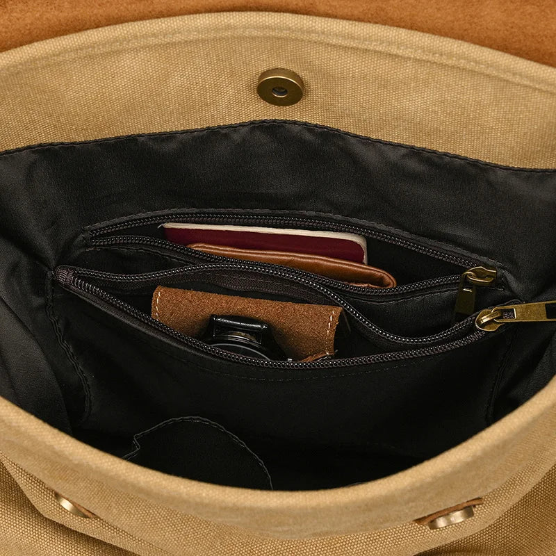 Echter Leder- und Canvas-Rucksack | Vintage College Laptop-Rucksack