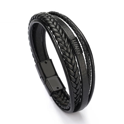 Nemausus Trendy Leather Bracelet for Men – Stainless Steel Multilayer Braided Rope