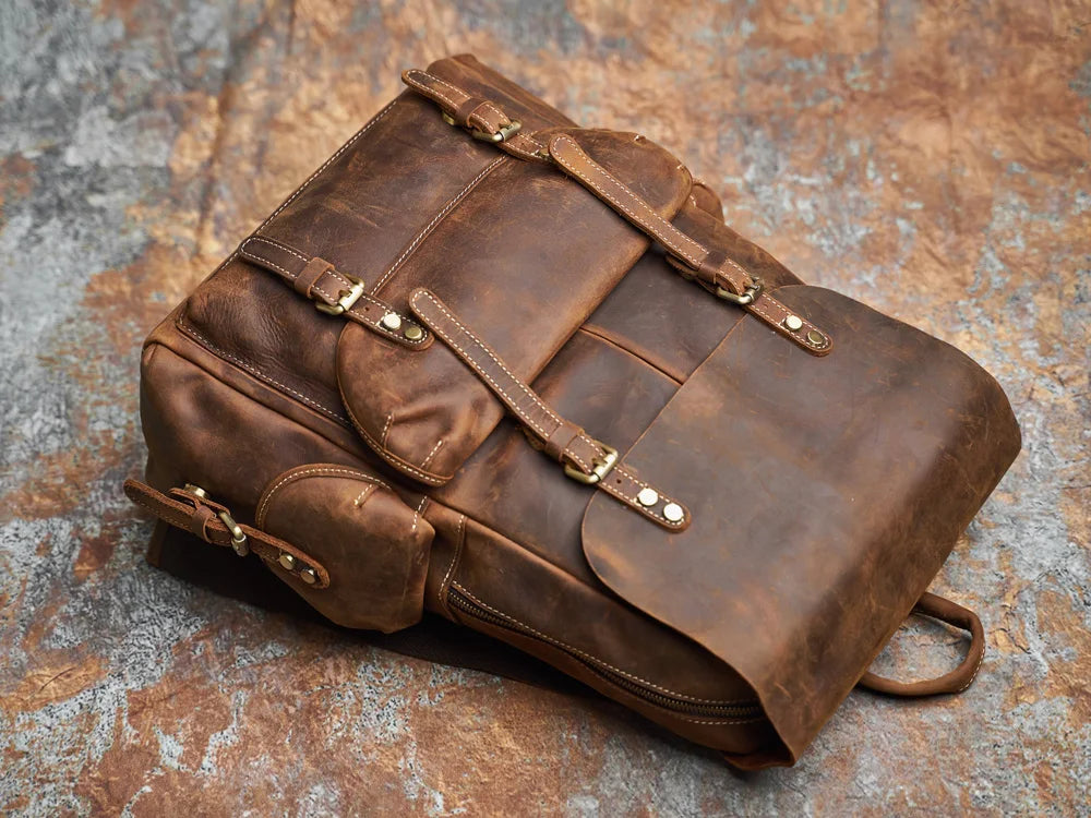 Robuster Echtleder-Reiserucksack | Brauner großer Tagesrucksack