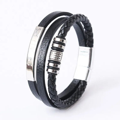 Nemausus Trendy Leather Bracelet for Men – Stainless Steel Multilayer Braided Rope