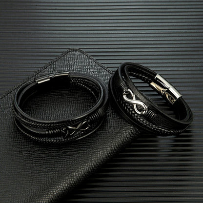 Eterna Braided Leather Bracelet – Multilayer Woven Design with Black Stainless Steel, Classic Infinity Style for Men
