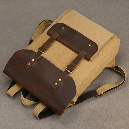 Echter Leder- und Canvas-Rucksack | Vintage College Laptop-Rucksack