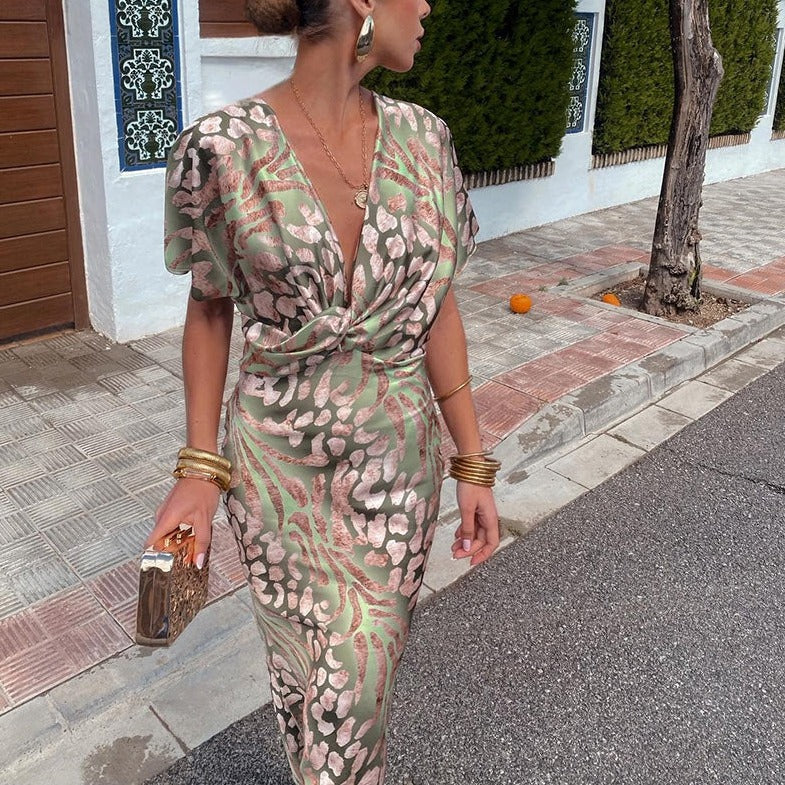 THARAH| Elegantes Twist-Maxikleid mit V-Ausschnitt für mühelosen Stil und Eleganz