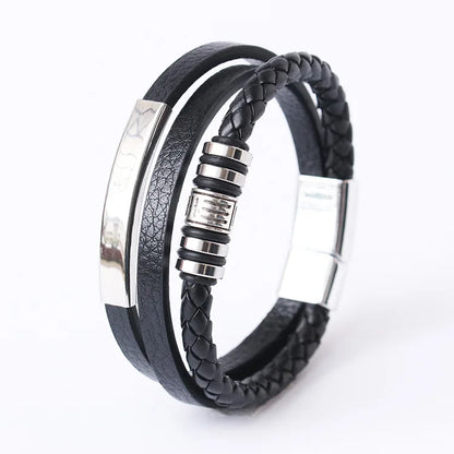 Nemausus Trendy Leather Bracelet for Men – Stainless Steel Multilayer Braided Rope