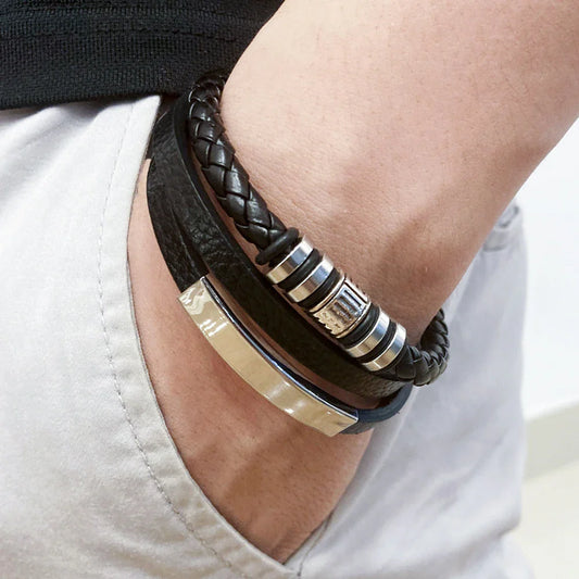 Nemausus Trendy Leather Bracelet for Men – Stainless Steel Multilayer Braided Rope