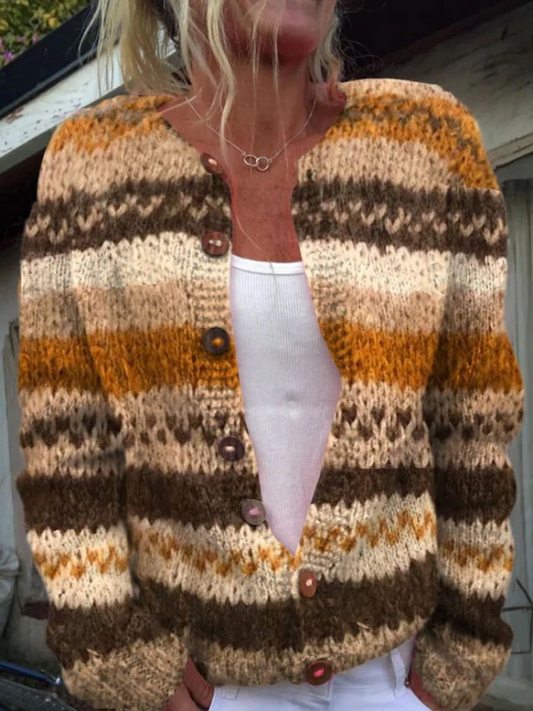 Cardigan-Pullover mit Knopfleiste und gestreiftem Colour-Block-Print