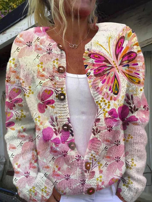 Damen Pullover-Cardigan mit Schmetterlings- und Blumen-Art-Print und Knopfleiste