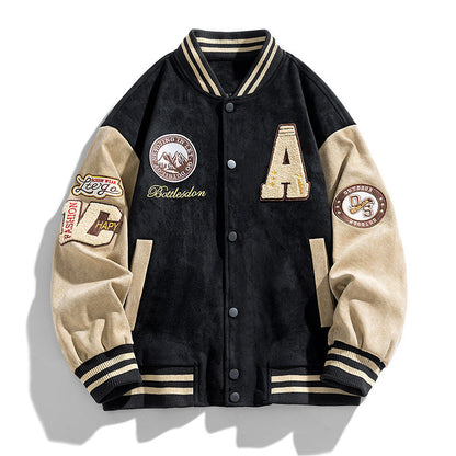 Herren Herbst-Baseballjacke mit Buchstaben-Patches und Seitentaschen