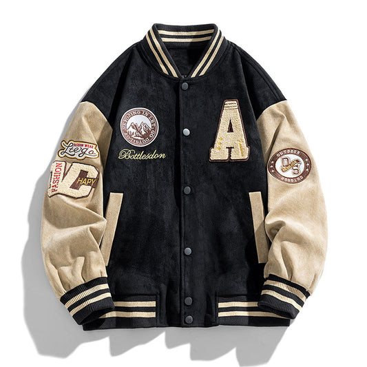 Herren Herbst-Baseballjacke mit Buchstaben-Patches und Seitentaschen