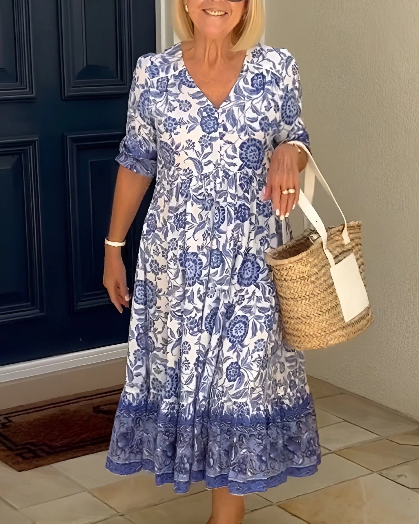 Luna - Elegantes Floral V-Ausschnitt Kleid