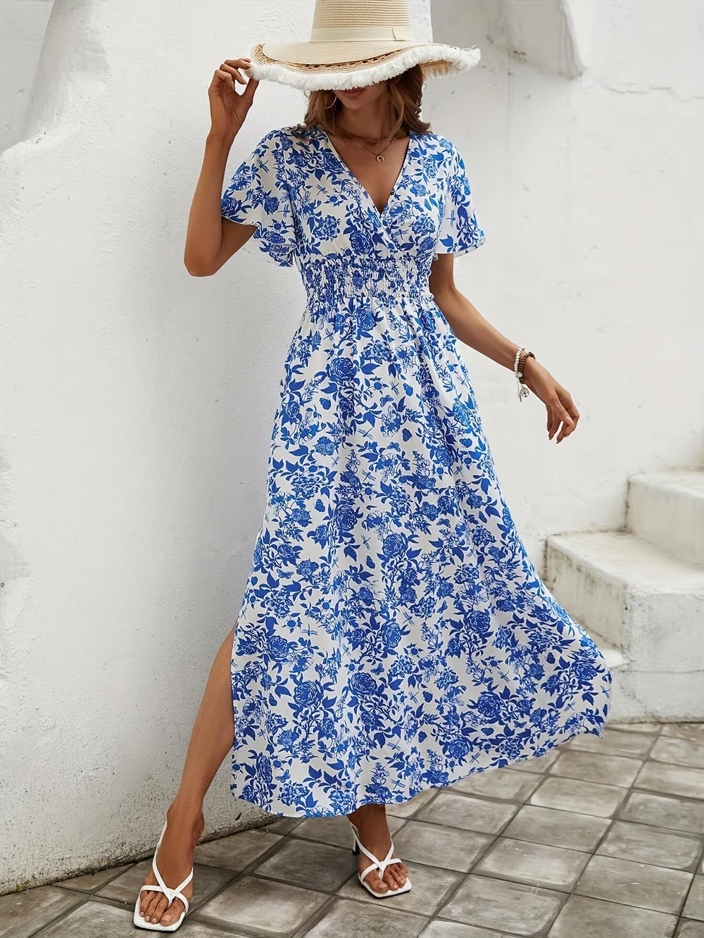 Bea - Bohemian V-Ausschnitt Blaues Strandkleid