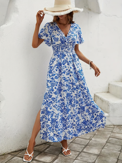 Bea - Bohemian V-Ausschnitt Blaues Strandkleid