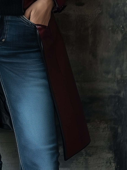 Damen Retro-Ledermantel mit Kontrastfarben und Stehkragen