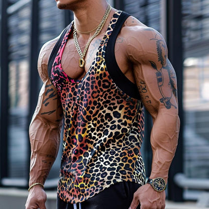 Herren Sexy U-Ausschnitt Tanktop mit Leopardenmuster aus Baumwollmischung und Patchwork 03756297M