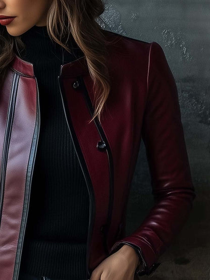 Damen Retro-Ledermantel mit Kontrastfarben und Stehkragen