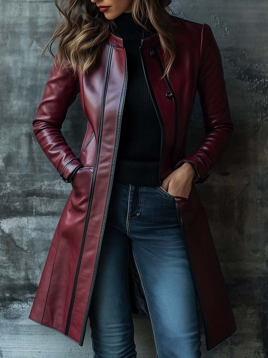 Damen Retro-Ledermantel mit Kontrastfarben und Stehkragen
