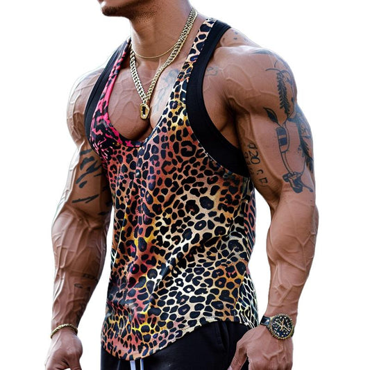 Herren Sexy U-Ausschnitt Tanktop mit Leopardenmuster aus Baumwollmischung und Patchwork 03756297M