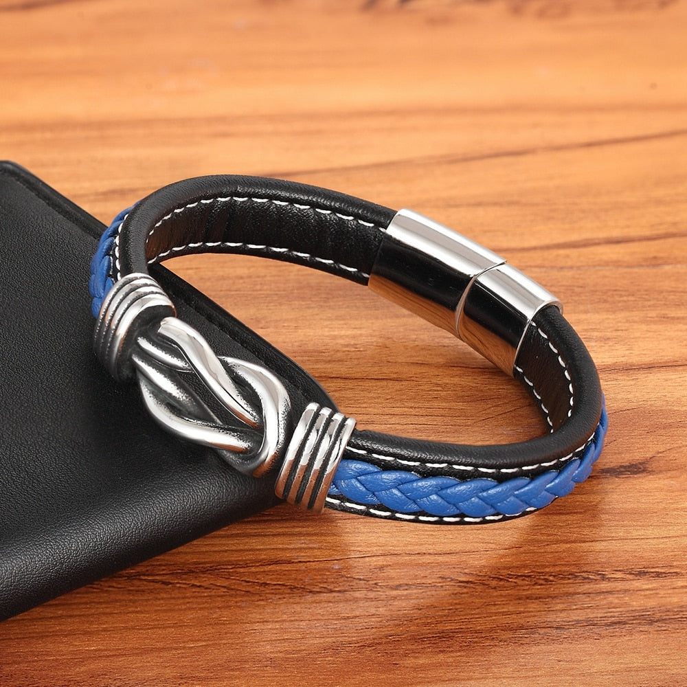 Deluxe Herren-Lederarmband mit unregelmäßigem Grafikdesign – Edelstahl-Akzent